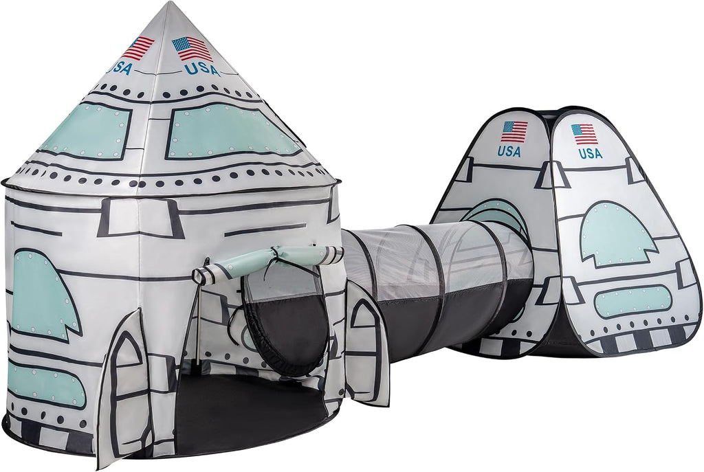 USA White Rocket Ship Play Tent with Tunnel, Pop Up Kids Playhouse Set, Indoor Outdoor Spaceship Tent for Boys Girls