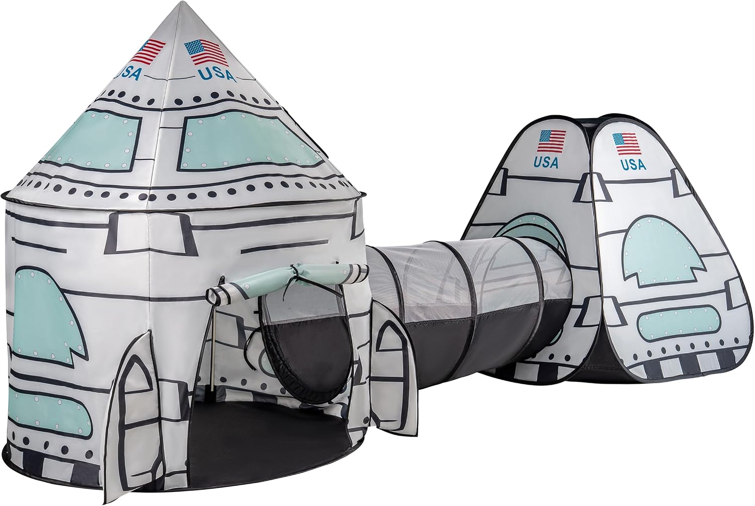 USA White Rocket Ship Play Tent with Tunnel, Pop Up Kids Playhouse Set, Indoor Outdoor Spaceship Tent for Boys Girls