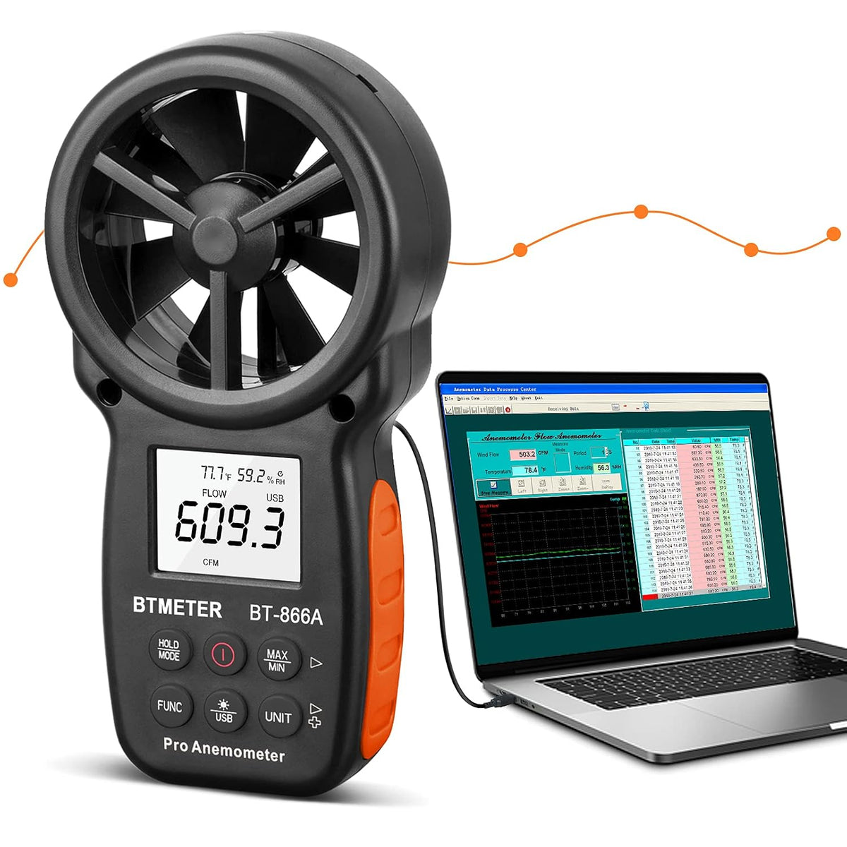 BTMETER 866A Pro Handheld HVAC Anemometer CFM Air Flow Meter(Wet Bulb Temp)
