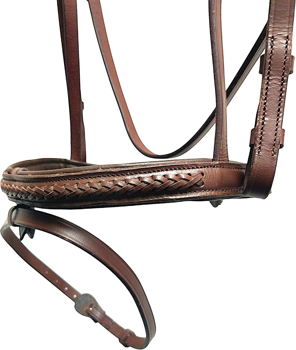 Braided Havana Brown Leather Bridle with Removable Flash – Padded Browband & Noseband – Horse Riding Bridle for