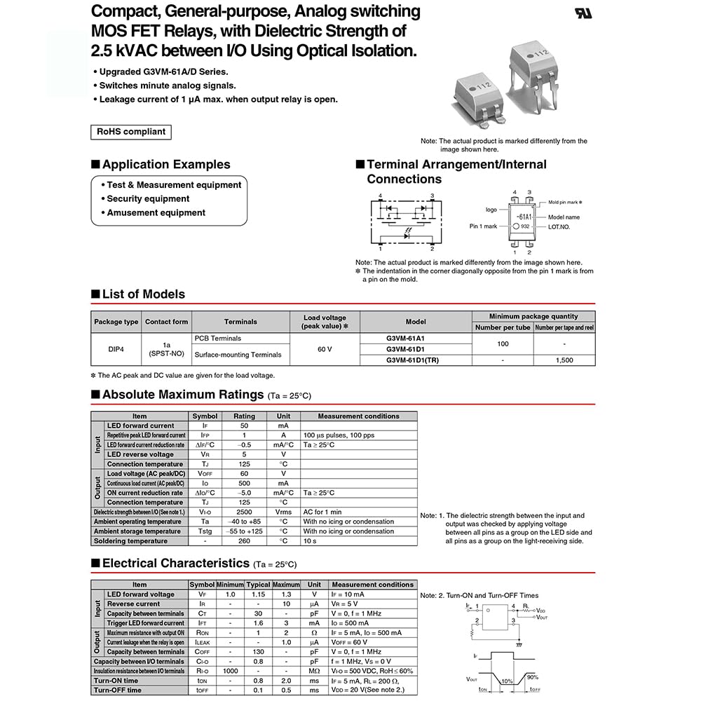 (10PCS) G3VM-61A1 IC SSR Relay SPST-NO 500MA 0-60V Solid State SPST-NO 4-DIP