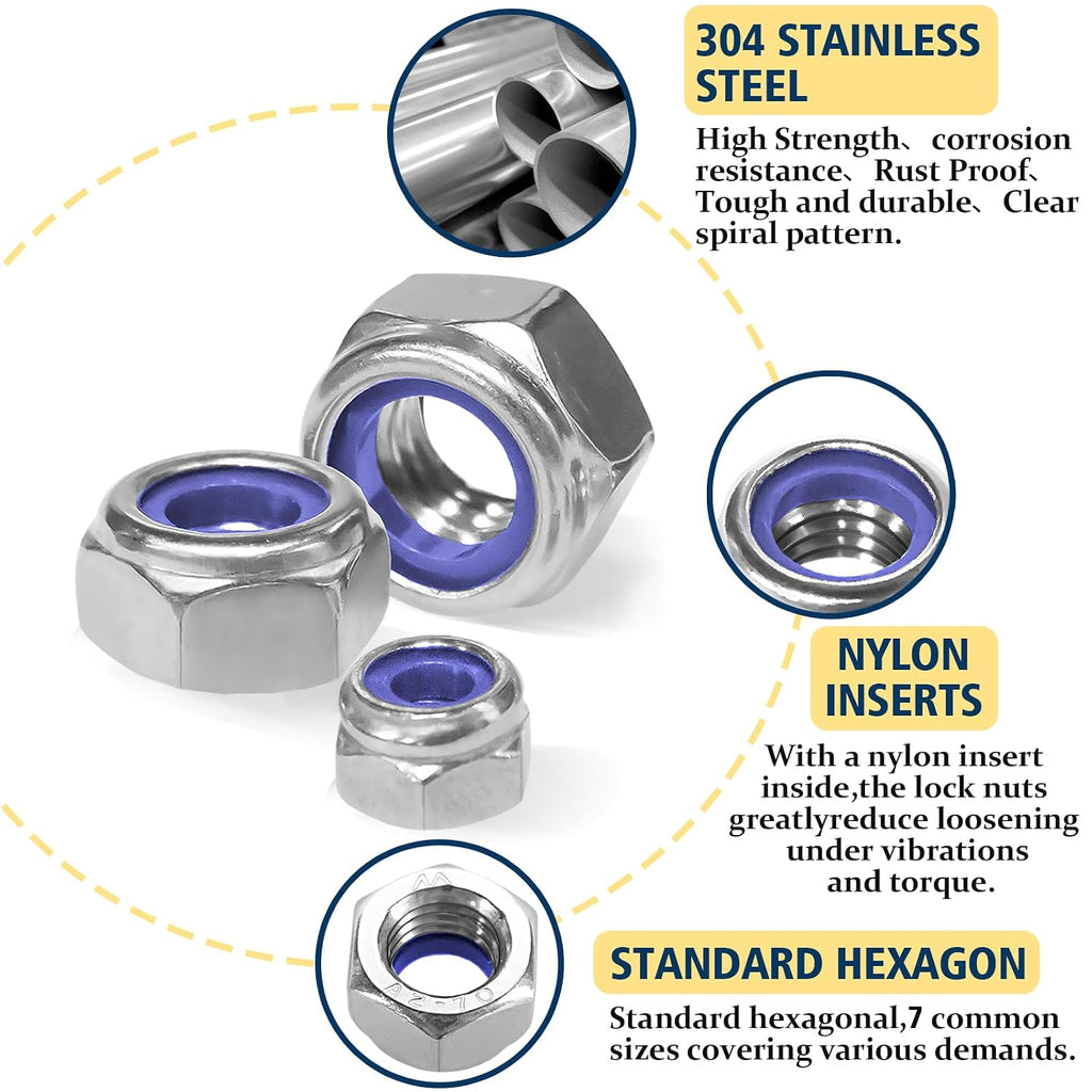 Metric Lock Nut Assortment Kit,140Pcs Stainless M3-M12 Locking Nuts