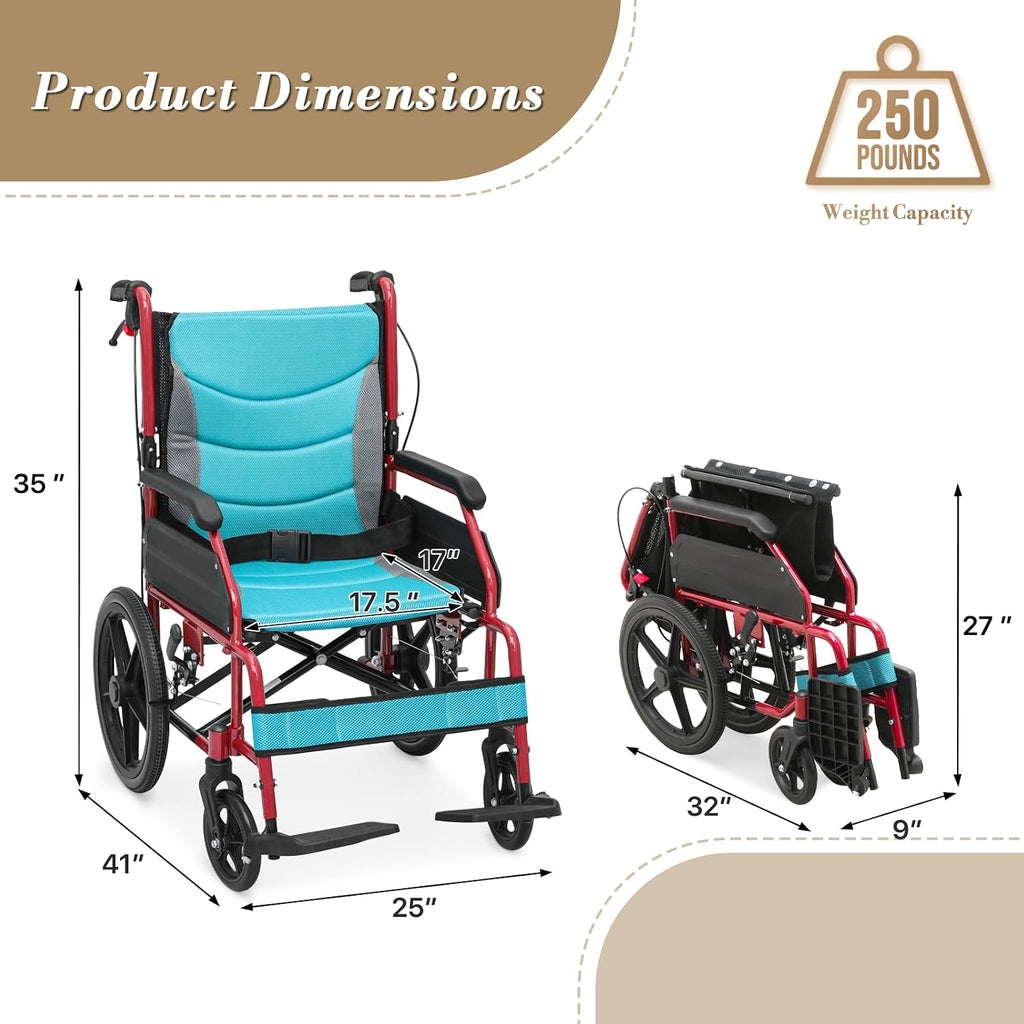 Folding Transport Wheelchair, 17.5 inch Seat for Adult, Blue