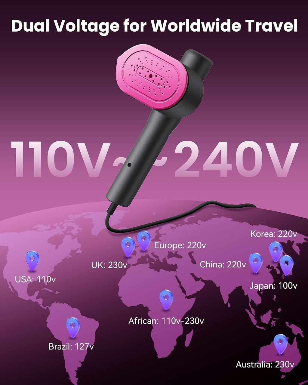 Travel Steamer for Clothes, 110-240V Dual Voltage Portable Steamer | 1200W Fast Heat in 15s, 140ml Tank, 5 Fabric