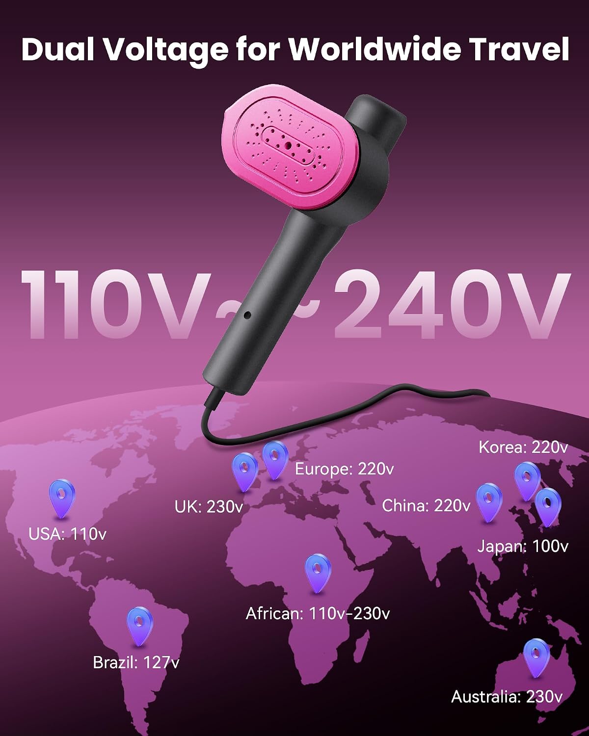 Travel Steamer for Clothes, 110-240V Dual Voltage Portable Steamer | 1200W Fast Heat in 15s, 140ml Tank, 5 Fabric