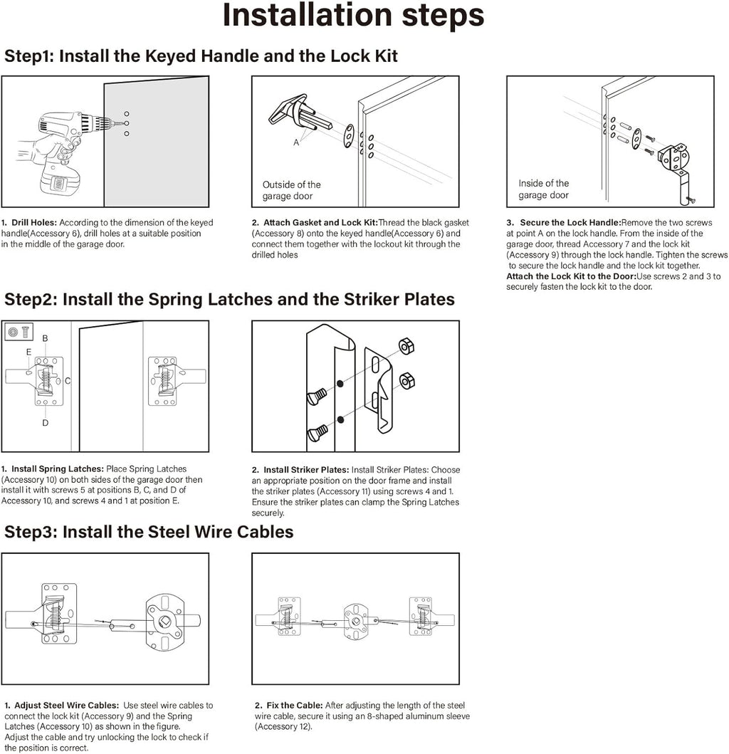 Universal Garage Door Lock Kit with Spring Latch and Keyed Handle for Single/Double Garage Door 7' - 18' Wide