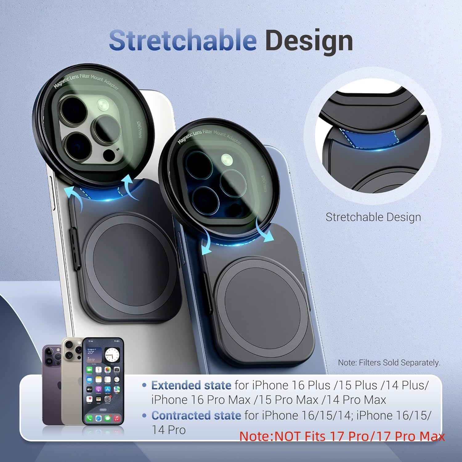 67mm Magnetic Phone Lens Filter Mount with Phone Camera Snap Grip Kit for iPhone 16 15 14 Pro Max Plus, Filter