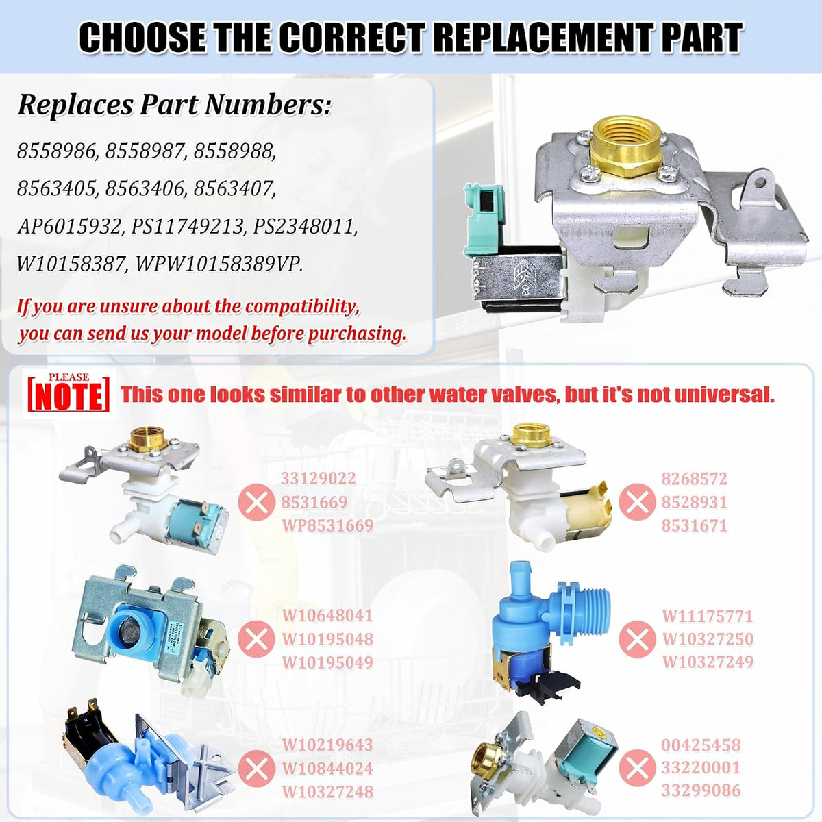 WPW10158389 Dishwasher Water Inlet Valve Replacement for Whirlpool, Kenmore, KitchenAid, Maytag - Replaces AP6015932, PS11749213, W10158387, PS2348011, WPW10158389VP