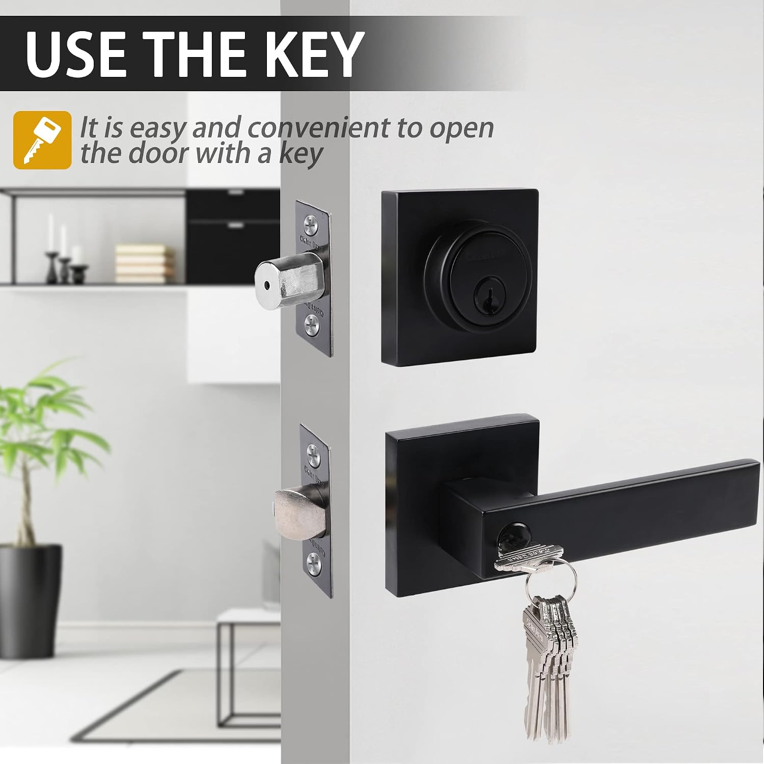 Exterior Door Lock Set with Deadbolt, Keyed Alike Door Handle with Lock, Heavy Duty Matte Black Door Knob and