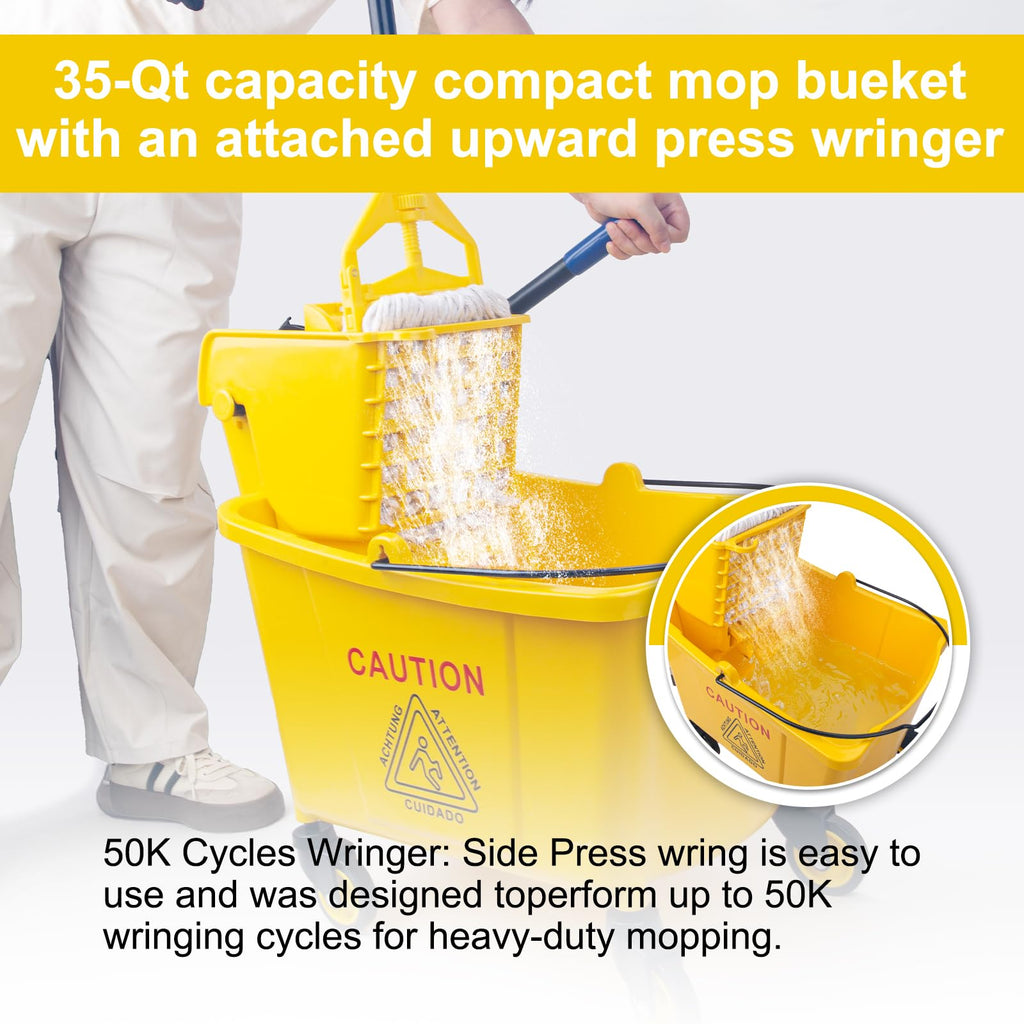 35 Quart Commercial Mop Bucket with Side Press Wringer on Wheels