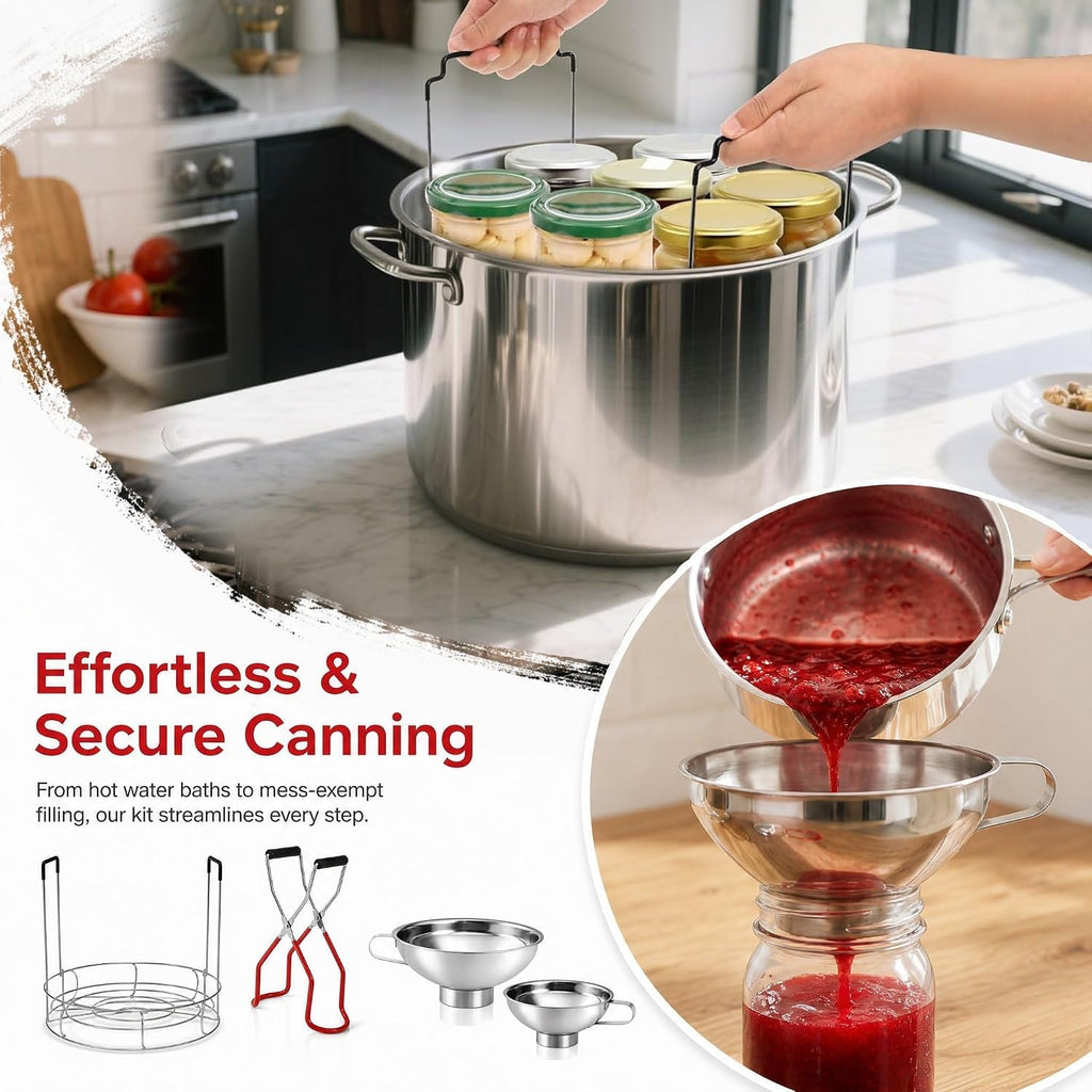 4 Pieces Canning Kit, 1PC Canning Rack+ 1PC Jar Lifter Tong+ 2PC Funnels, Stainless Steel Canning Supplies for Mason