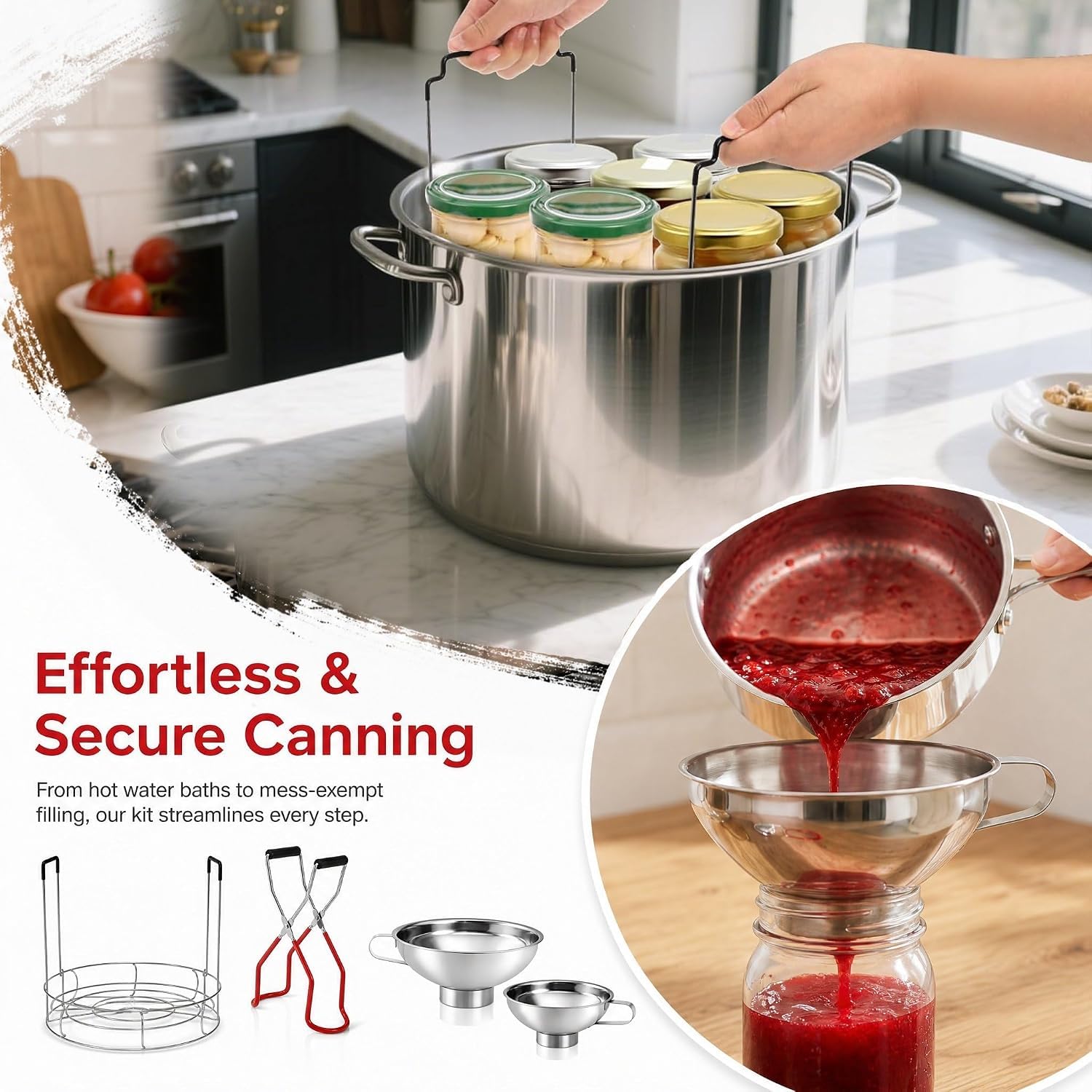 4 Pieces Canning Kit, 1PC Canning Rack+ 1PC Jar Lifter Tong+ 2PC Funnels, Stainless Steel Canning Supplies for Mason