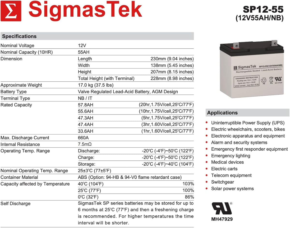 SigmasTek Golden Technology Avenger 4 Wheel Scooter Compatible Battery Pack of 2, 12V 55Ah NB SP12-55 (NB)