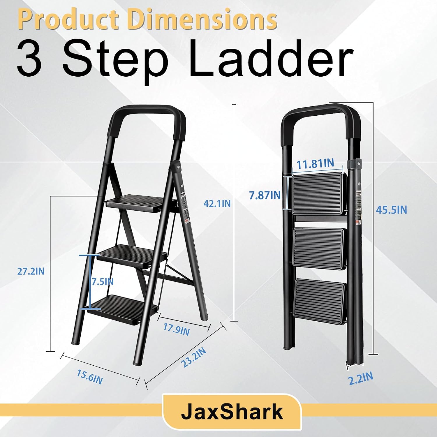 3 Step Ladder Folding Step Stool with Handrail | 500LBS Capacity Sturdy Carbon Steel Frame Anti-Slip Pedal & Feet