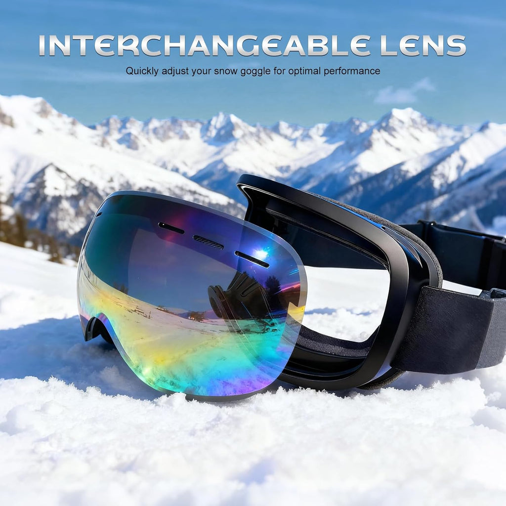 Ski Goggles - REVO Anti-Fog Lens, UV400 Protection, TPU Frame, for Men & Women (Silver & Gray Lens)