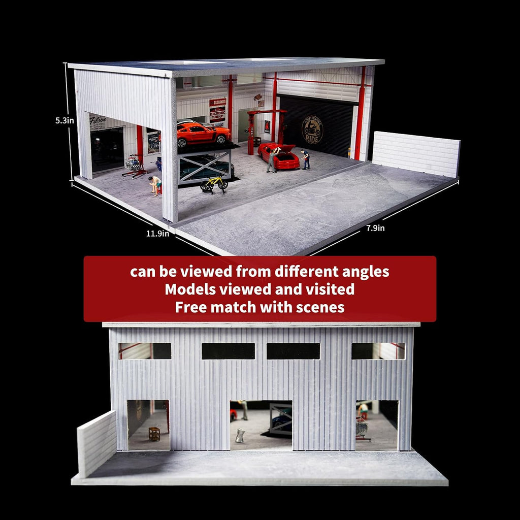1/64 Scale Model Car Display Case Garage with LED Lights，Diorama Car Garage Parking Lot Compatible with Hot Wheels