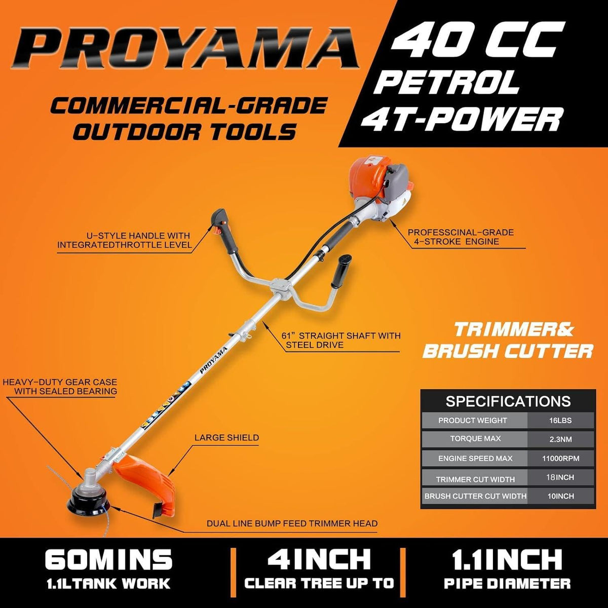 40cc 4 Cycle Gas Weed Wacker Eater, Heavy Duty String Trimmer | Easy Start 3 in 1 Brush Cutter, 18in Cutting Width