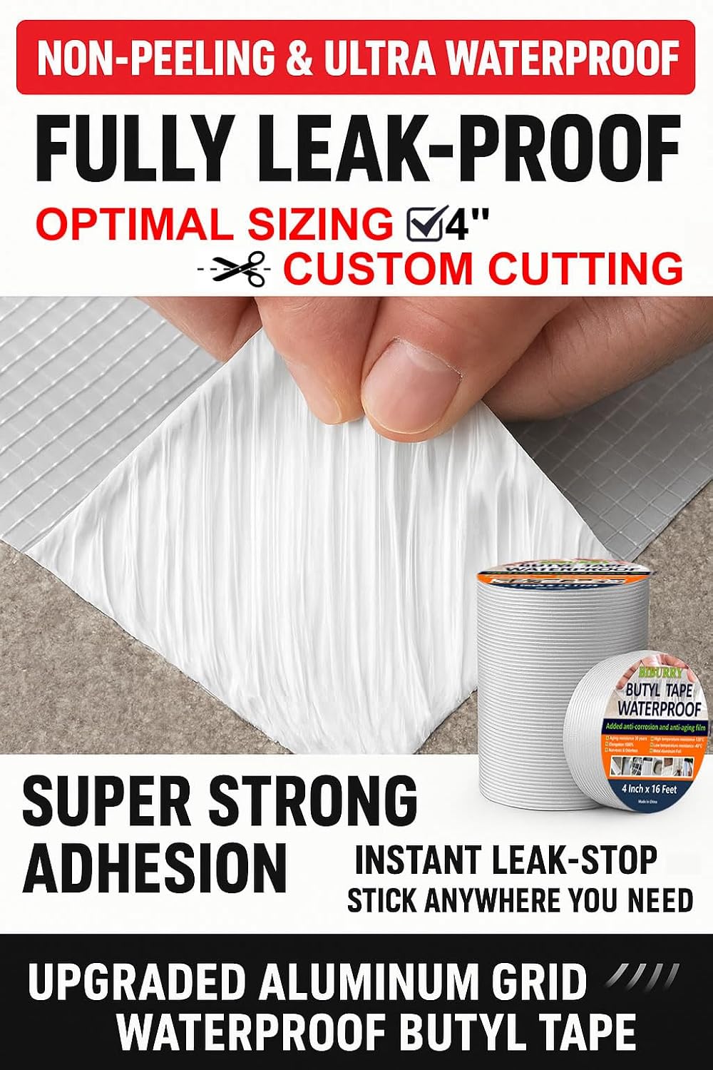 Butyl Waterproof Tape, 4" x 16' Aluminum Foil Sealant Tape for Leak-Proof Patching of Windows, Glass, Boats, Pipes，RV