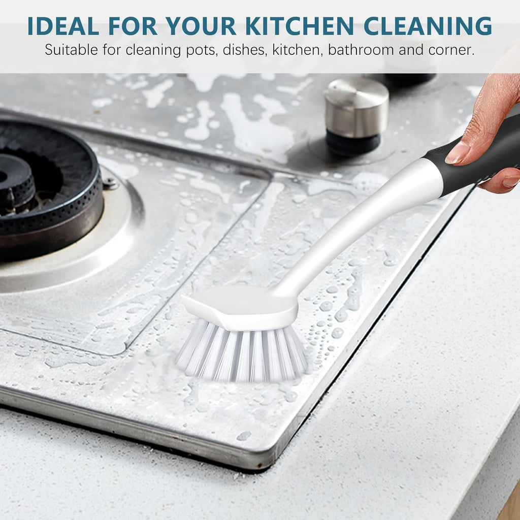 Dish Brush Set of 3 with Bottle Brush, Dish Scrub Brush with Long Handle Deep Cleaning Handle Brush with Scraper Tip