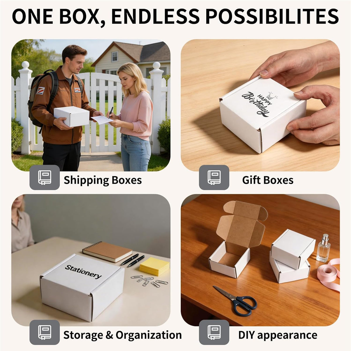 4" x 4" x 2" White Corrugated Cardboard Shipping Boxes Set of 25
