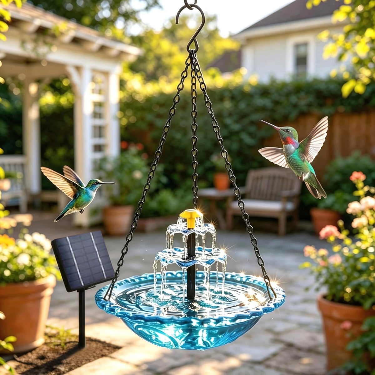 Solar Cascade Hanging Bird Bath Fountain, 3-Tier Hanging Solar Bird Bath with Detachable Solar Panel, 5ft Extension