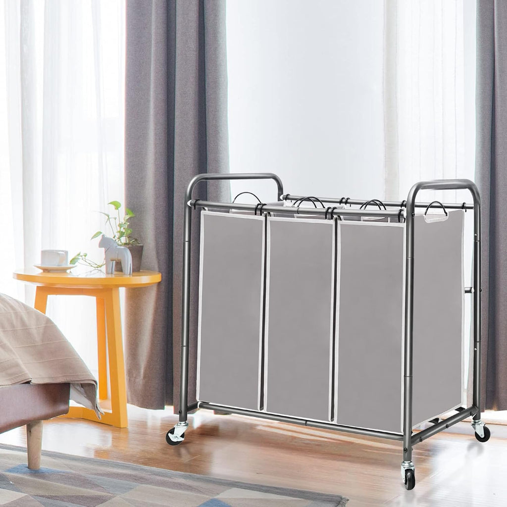 Laundry Sorter 3 Section, 3 Bag Clothes Hamper, Rolling Laundry Cart Basket with Heavy Duty Lockable Wheels and