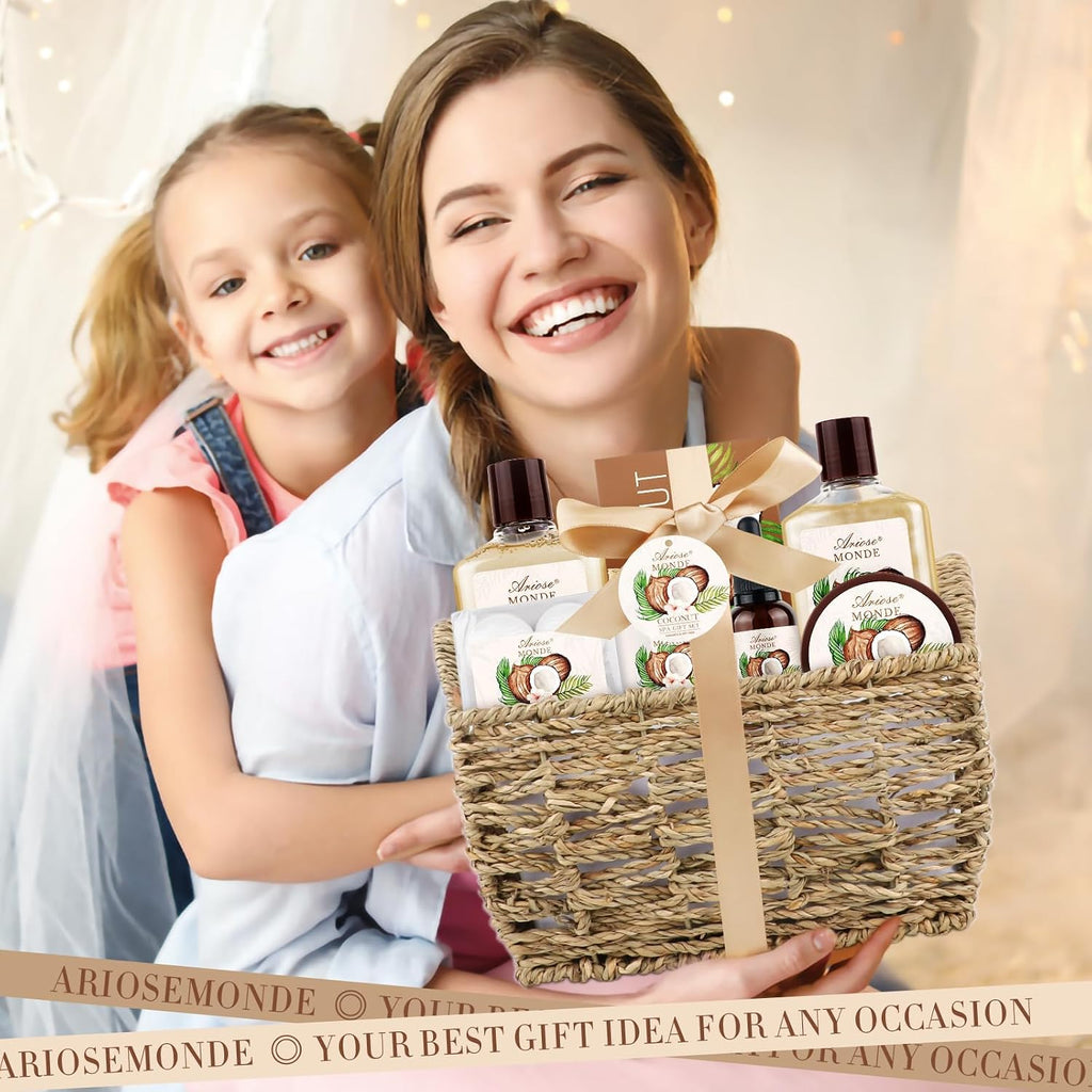 Bath & Shower Spa Basket Gift Set, Coconut Scent, with Shower Gel, Bubble Bath,Body Lotion, Bath Bomb,Bath Salt, Bath
