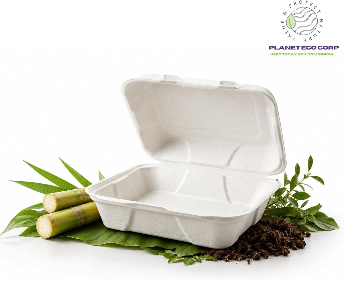 9x6 Compostable Take Out Containers with Lids, 25 Pack - Hinged Clamshell to Go Boxes, Heavy Duty Sugarcane Bagasse