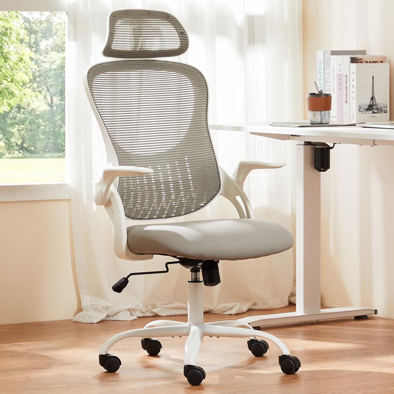 Ergonomic Office Chair, Comfy Desk Chair with Wheels, Adjustable Headrests, Flip-Up Armrests, Breathable Mesh