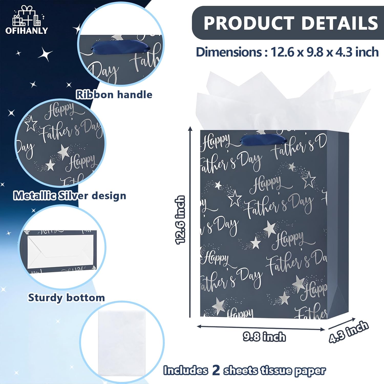 12.6" Medium Size Happy Fathers Day Gift Bag with Handles for New Dad Navy Blue Paper Gift Wrap Bags with Tissue
