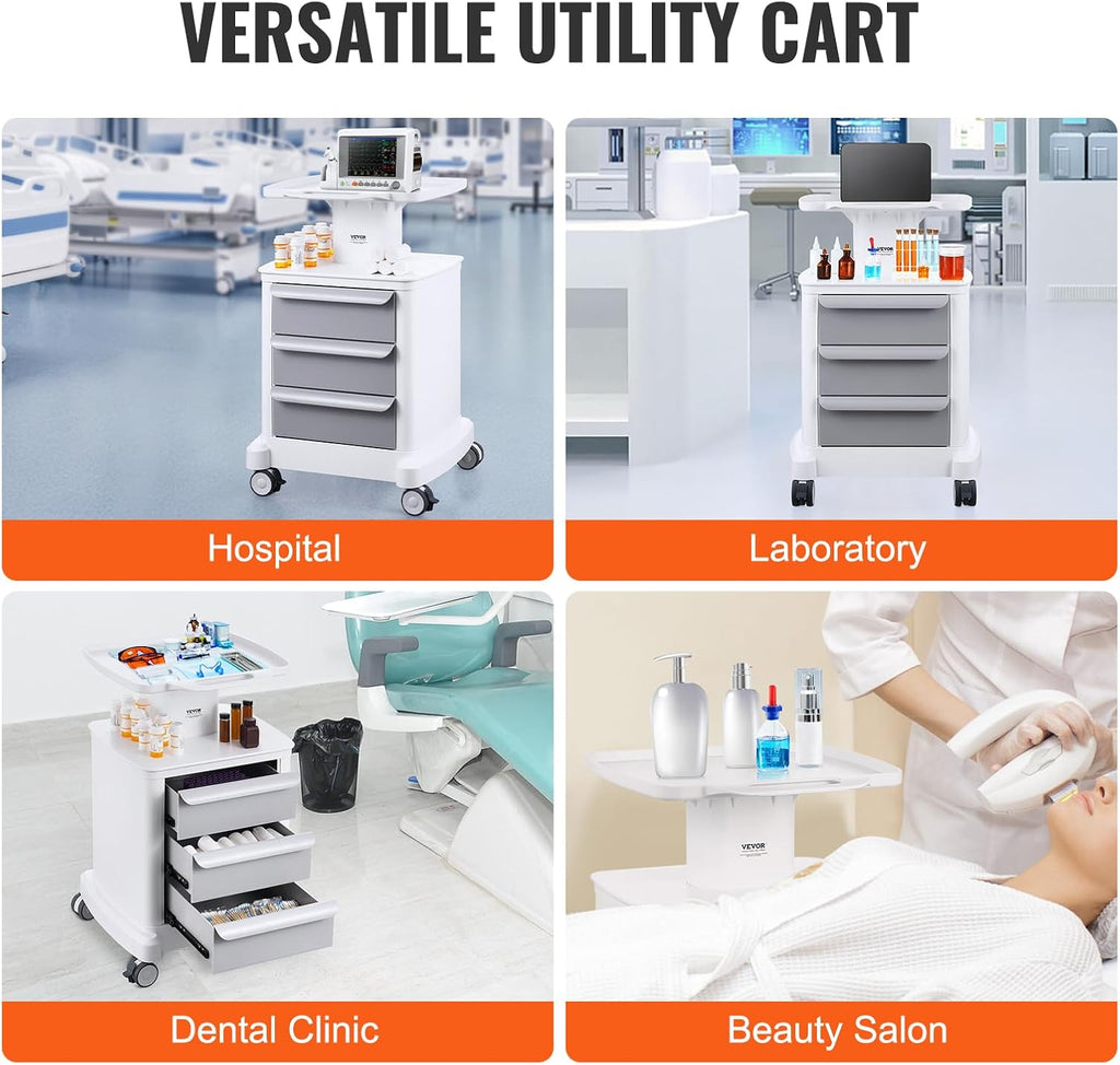 Medical Cart with 3 Drawers and Top Tray, 4-Tier Rolling Utility Cart | Mobile Medical Trolley with ABS Material