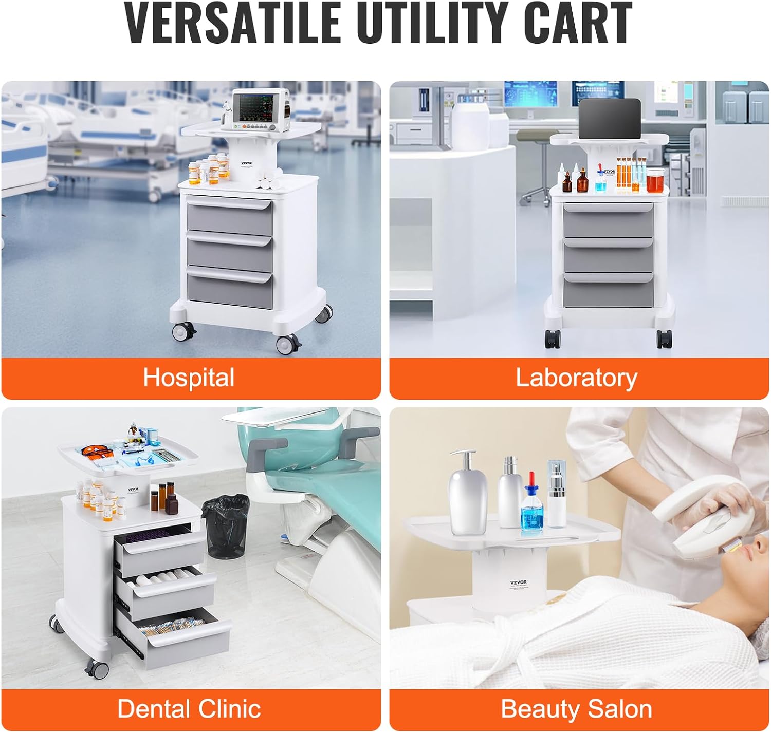 Medical Cart with 3 Drawers and Top Tray, 4-Tier Rolling Utility Cart | Mobile Medical Trolley with ABS Material