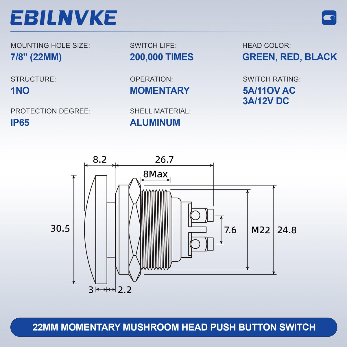 EBILNVKE 22mm Mushroom Head Momentary Push Button Switch, SPST 1NO