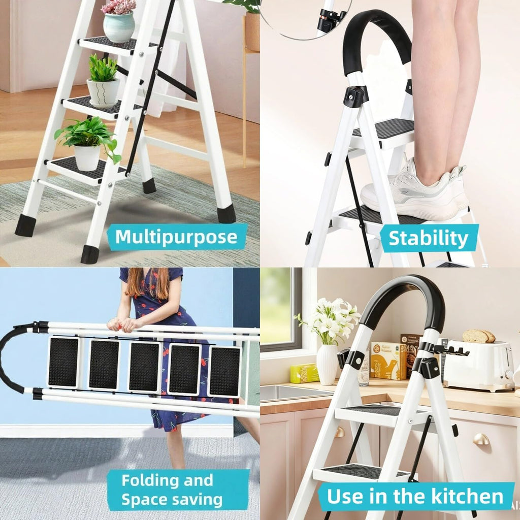 4 Step Folding Ladder, Portable and Compact, Anti-Slip Multi-Use Household Step Ladder for Home, Kitchen, Office, and