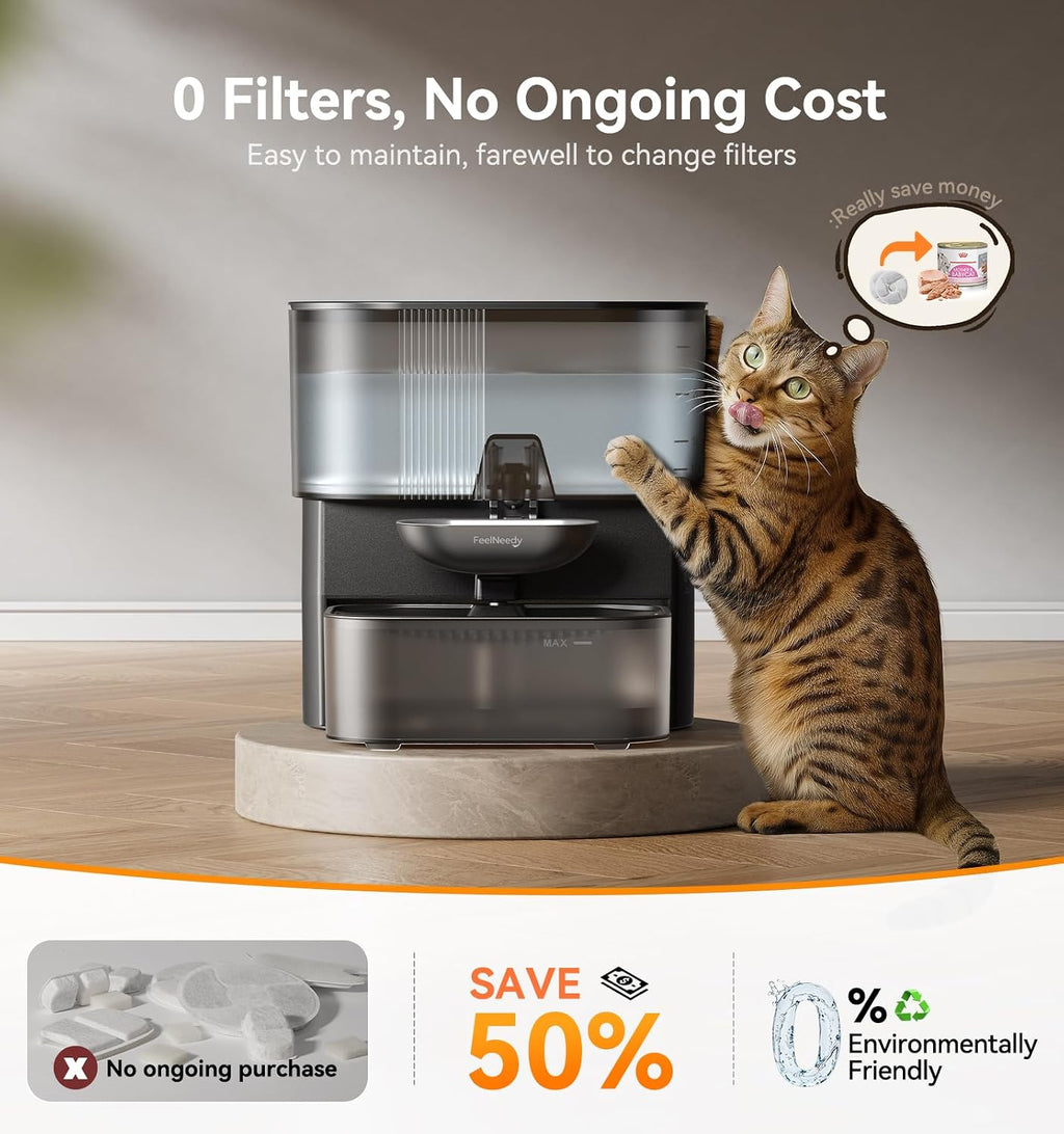 Wireless Cat Water Fountain No Filters, Wastewater Separation, FEELNEEDY Stainless Steel Bowl, 3.5L Pet Water