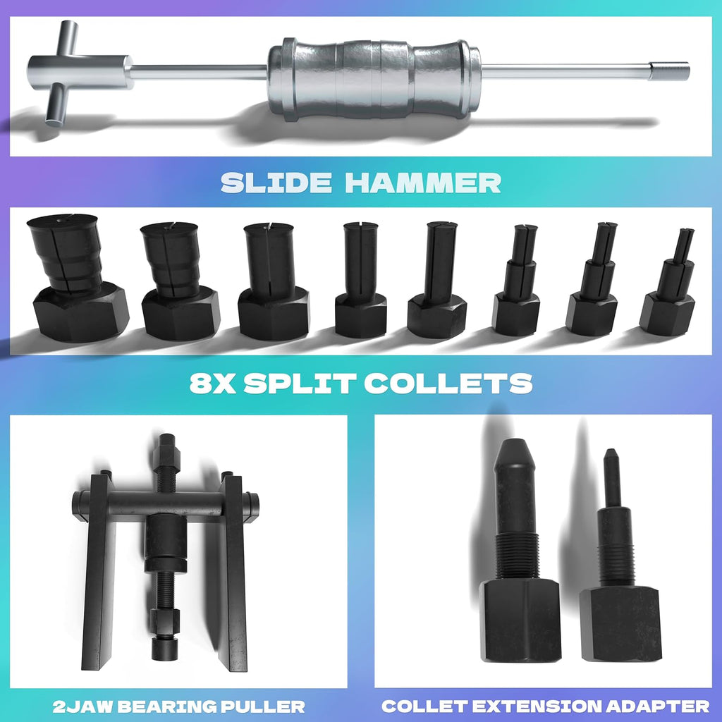 Blind Hole Bearing Puller Set 8-32mm with Slide Hammer - Motorcycle Bearing Removal Tool Kit with Expandable Collets