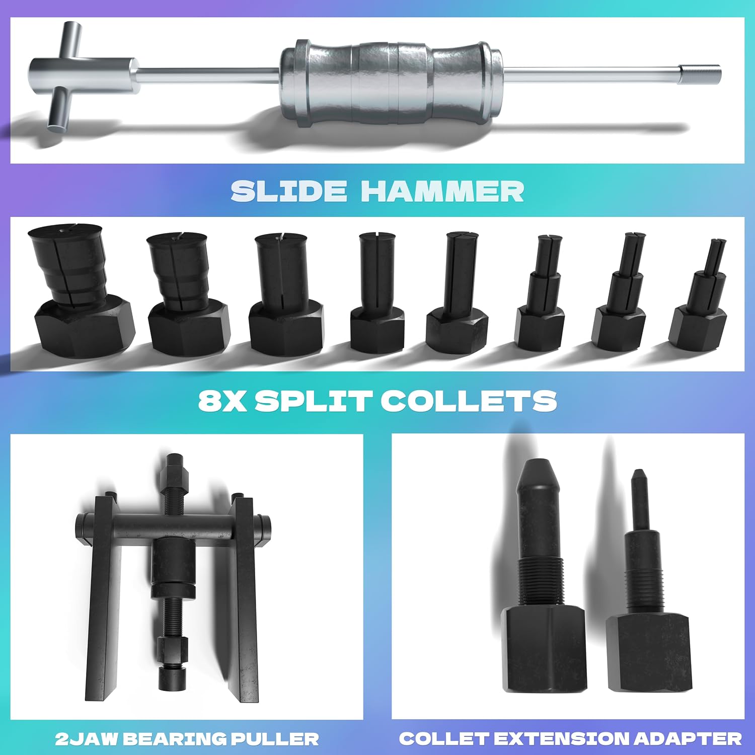 Blind Hole Bearing Puller Set 8-32mm with Slide Hammer - Motorcycle Bearing Removal Tool Kit with Expandable Collets