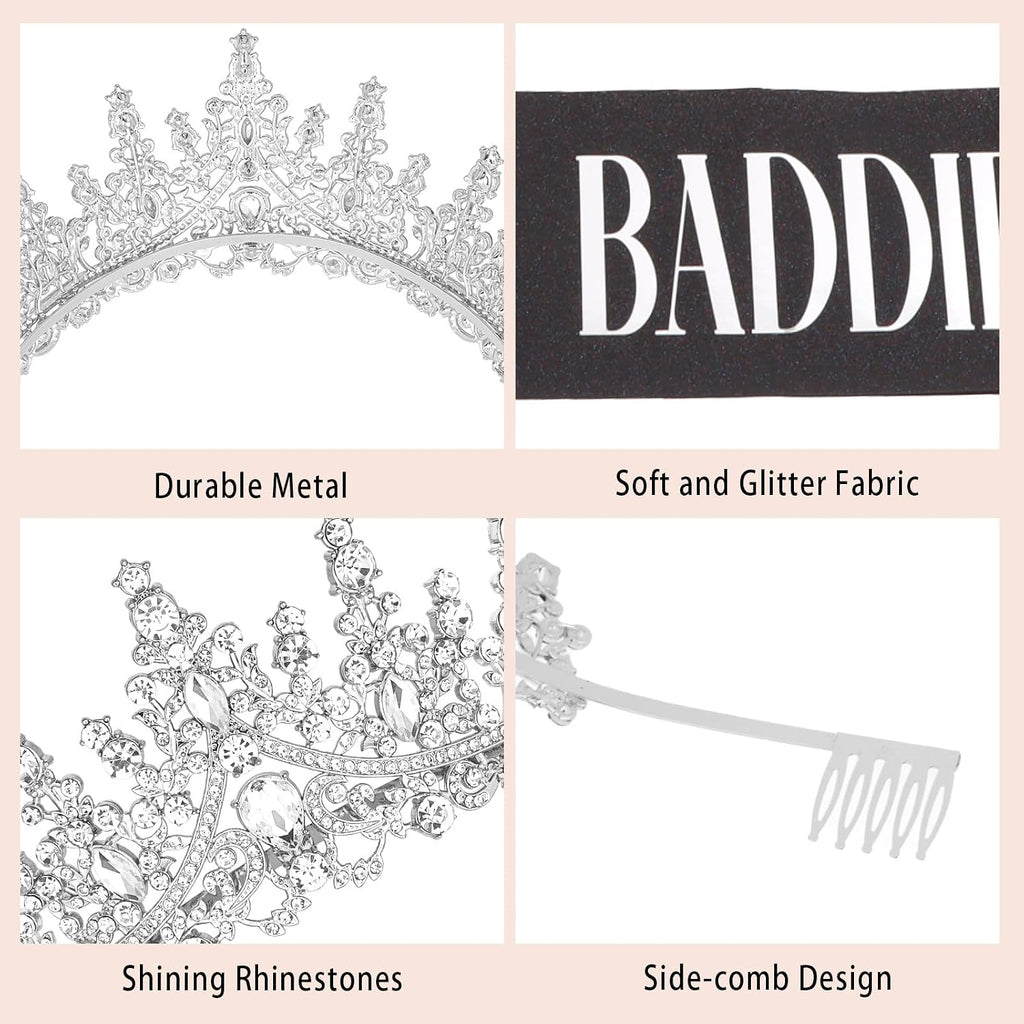 Silver Birthday Crown Adult Woman & Glitter Black Gothic Black Birthday Baddie Sash Princess Tiara for Party
