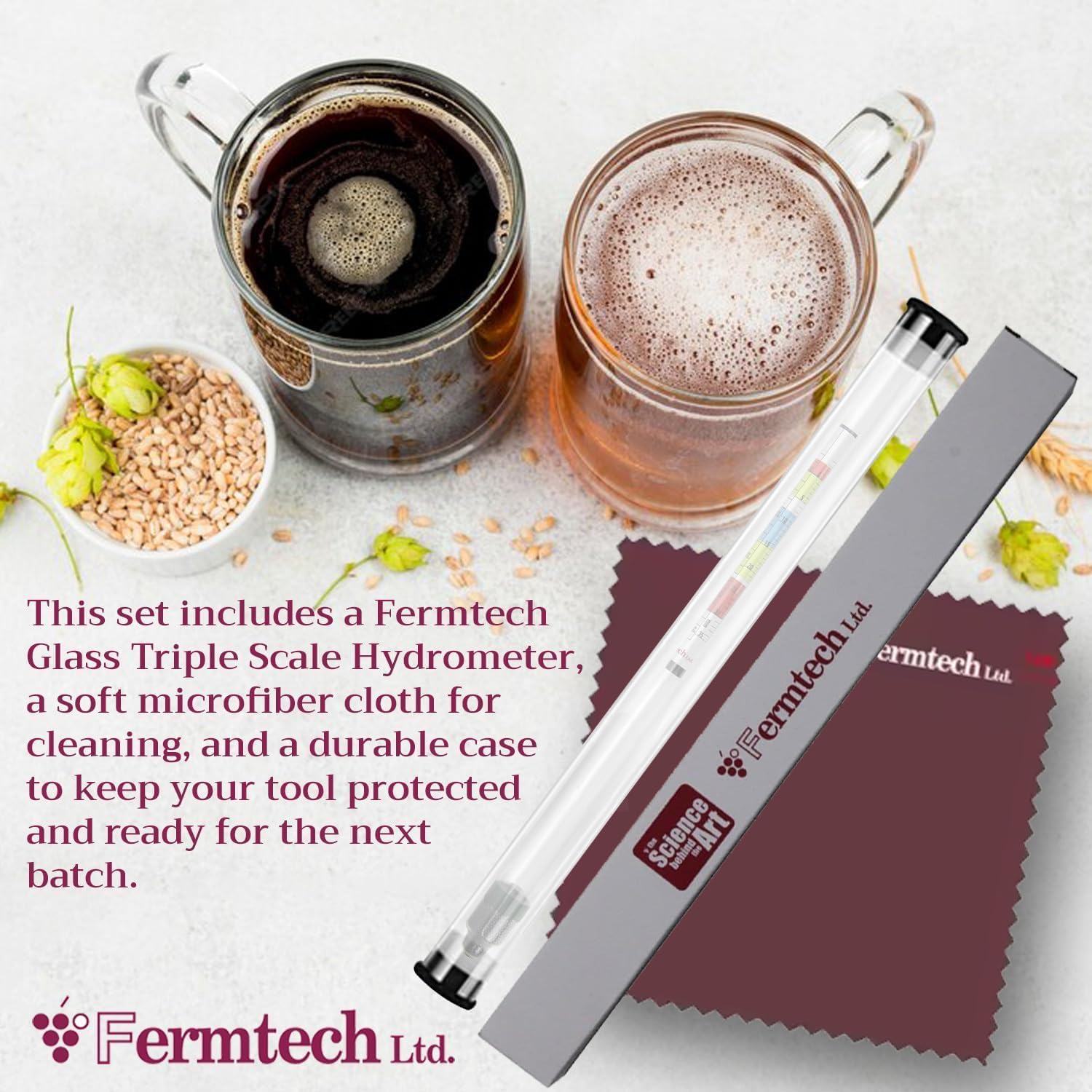 Glass Triple Scale Hydrometer Kit – Test ABV, Brix, Gravity for Wine, Beer, Mead & Kombucha, with Microfiber Cloth &