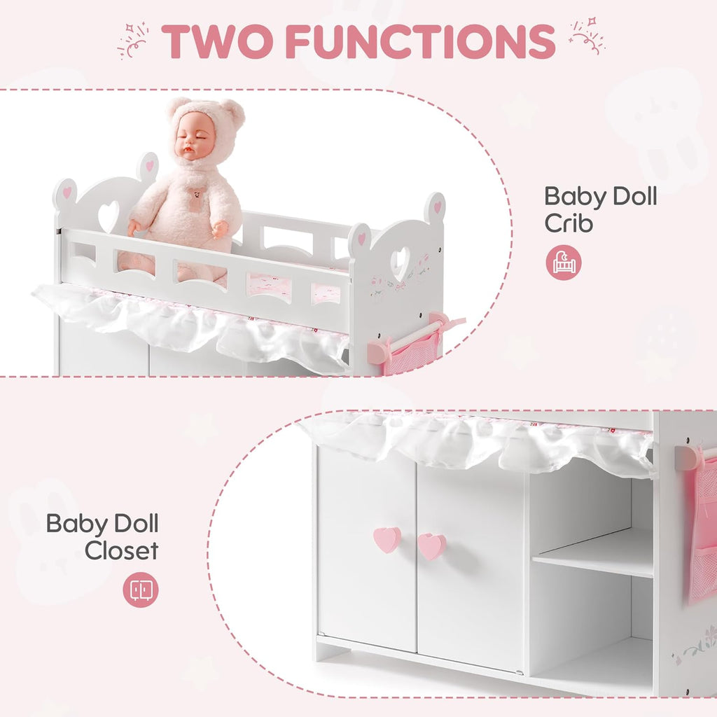 Baby Doll Crib – Wooden Baby Doll Changing Table with Storage – Bedding & Hooks, Fits 18-21" Dolls, Doll Bed Playset