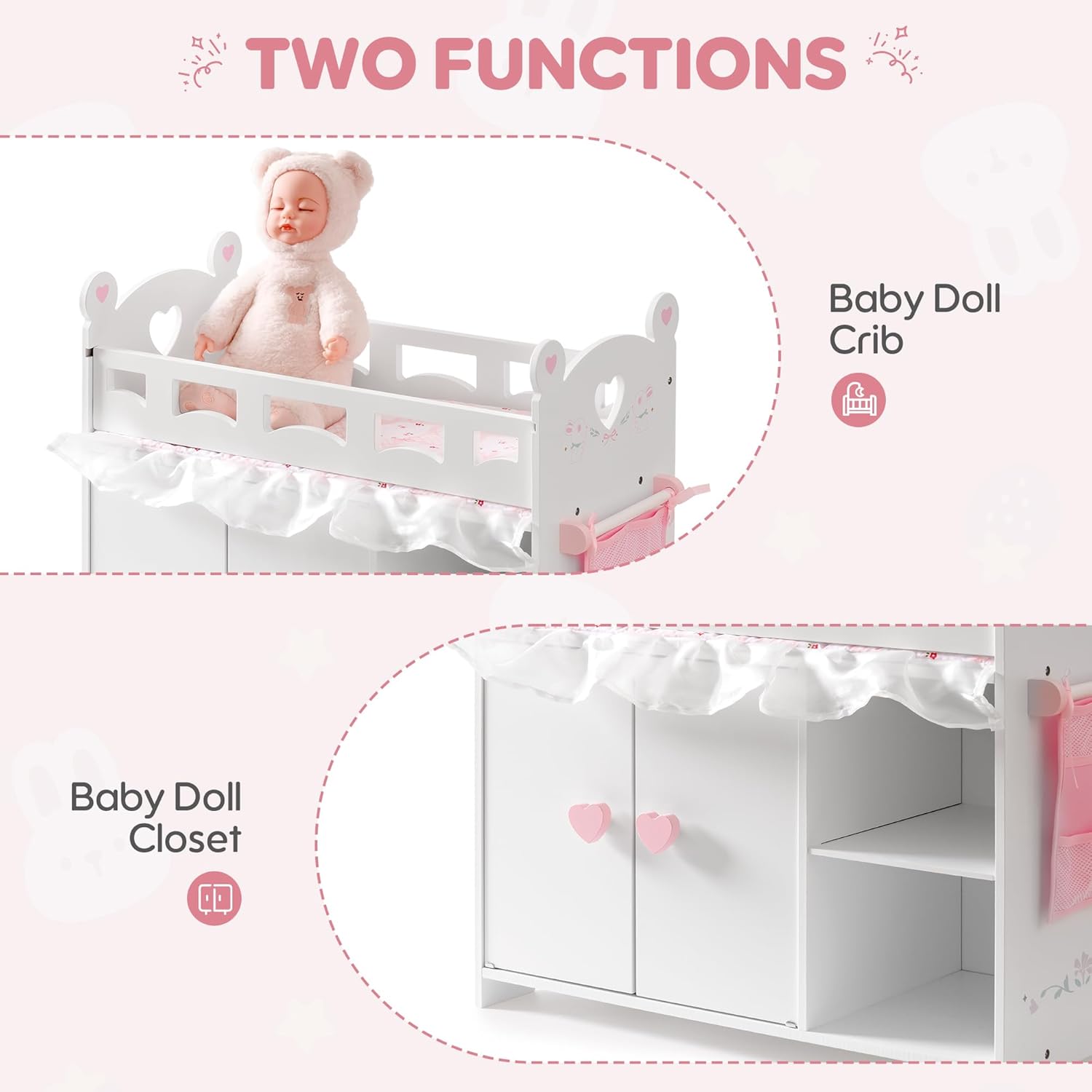 Baby Doll Crib – Wooden Baby Doll Changing Table with Storage – Bedding & Hooks, Fits 18-21" Dolls, Doll Bed Playset