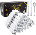 100 Pack Silver Plastic Silverware-Pre Wrapped cutlery and Napkin-Pre Rolled Silverware Disposable 100 Forks, 100