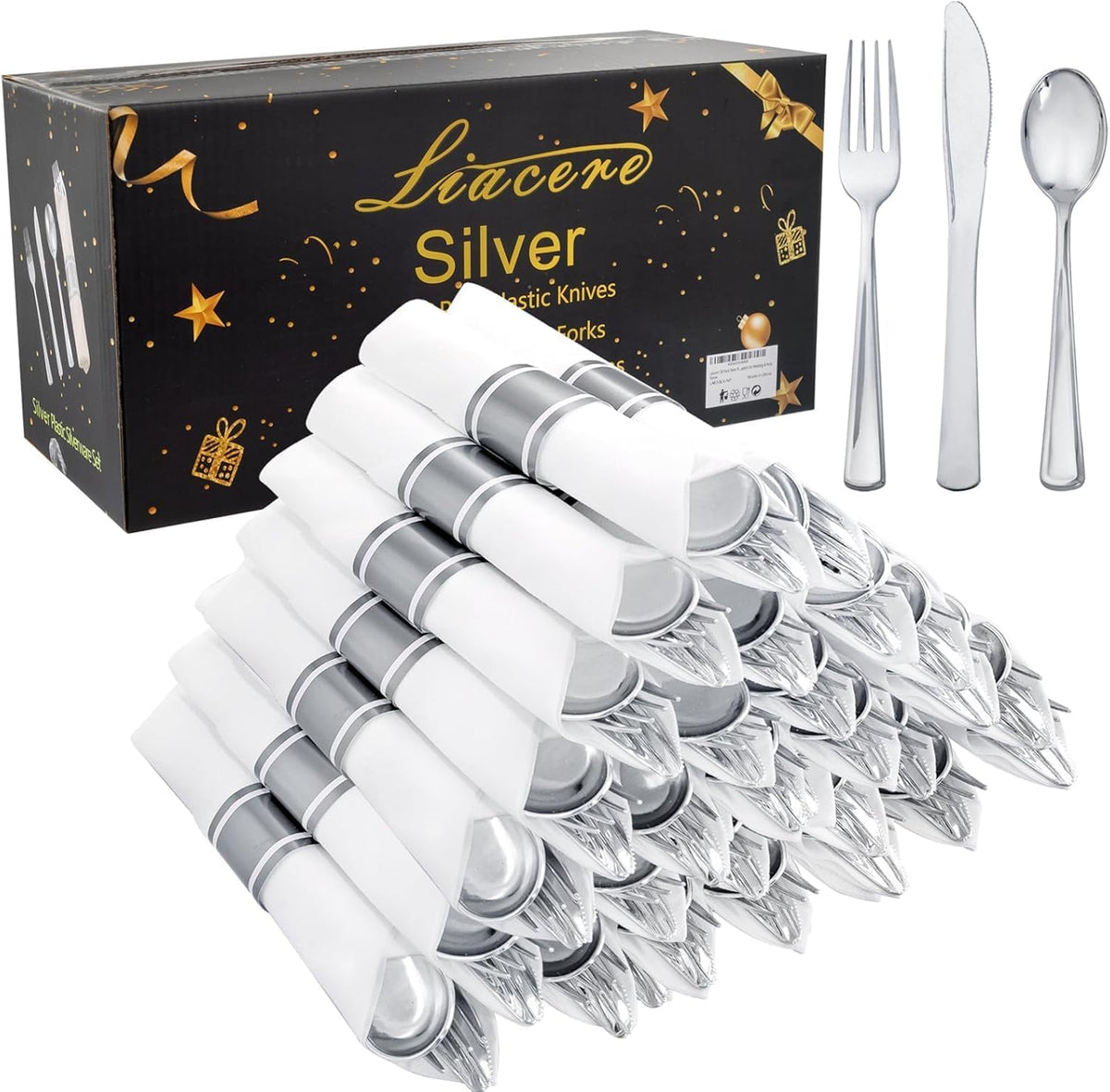 100 Pack Silver Plastic Silverware-Pre Wrapped cutlery and Napkin-Pre Rolled Silverware Disposable 100 Forks, 100
