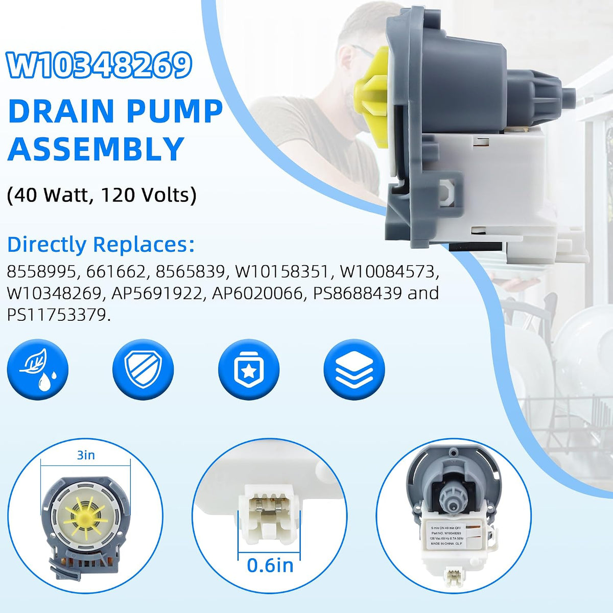 W10348269 Dishwasher Drain Pump Fit for Kenmore Whirlpool may-tag Dishwasher WDT750SAHZ0, WDF520PADM7, WDT730PAHZ0, WPW10348269, W10084573, W10158351, AP6020066, 661662, 8565839, 8558995 by AMI PARTS