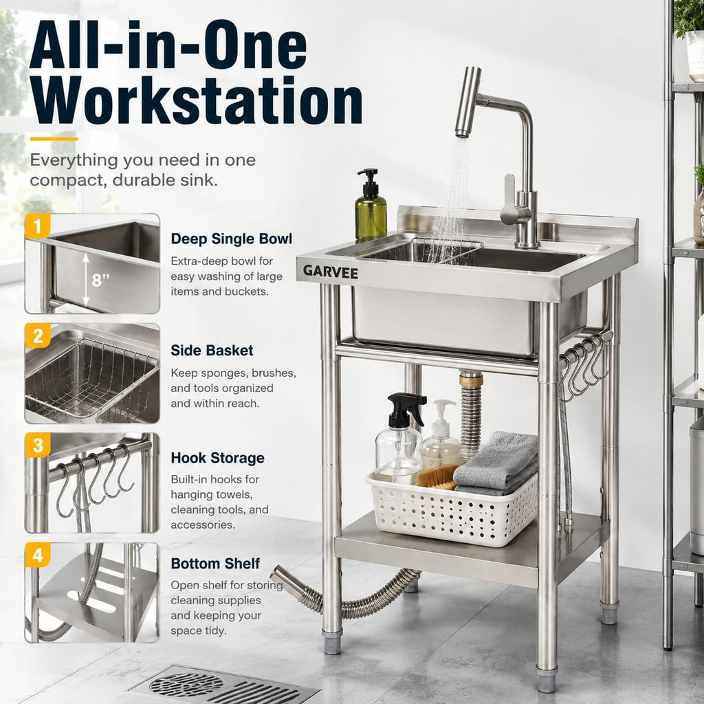 Freestanding Utility Sink 20" x 20" x 35", Stainless Steel Single Bowl Freestanding with T-Shaped Faucet, No Drawer