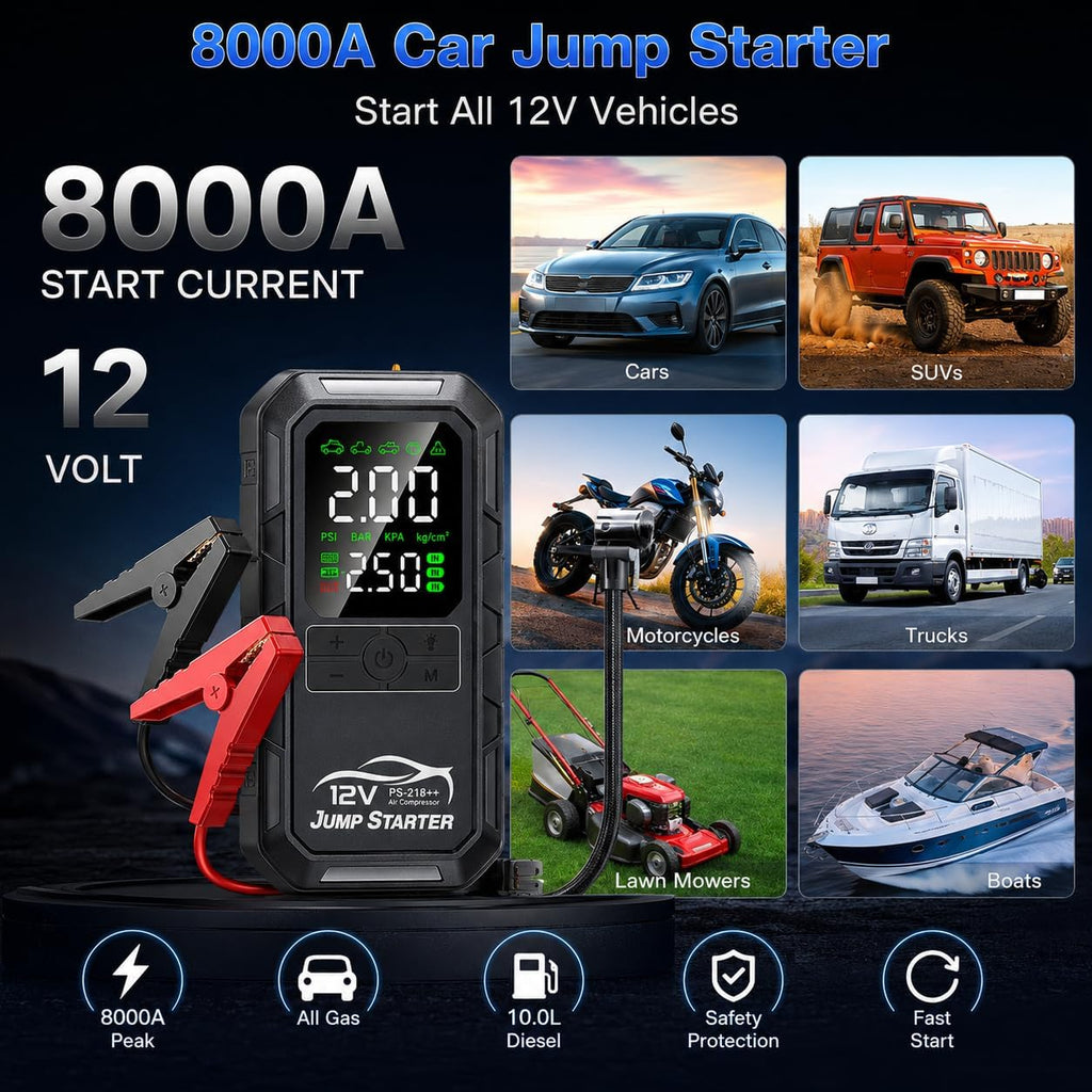 10-in-1 Car Battery Jump Starter with Air Compressor 8000A 160PSI Portable Car Jumper Starter (All Gas 12L Diesel)