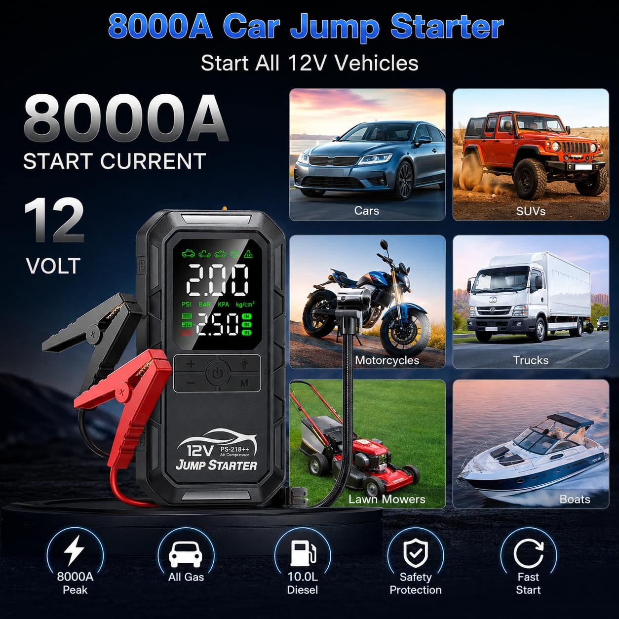 10-in-1 Car Battery Jump Starter with Air Compressor 8000A 160PSI Portable Car Jumper Starter (All Gas 12L Diesel)