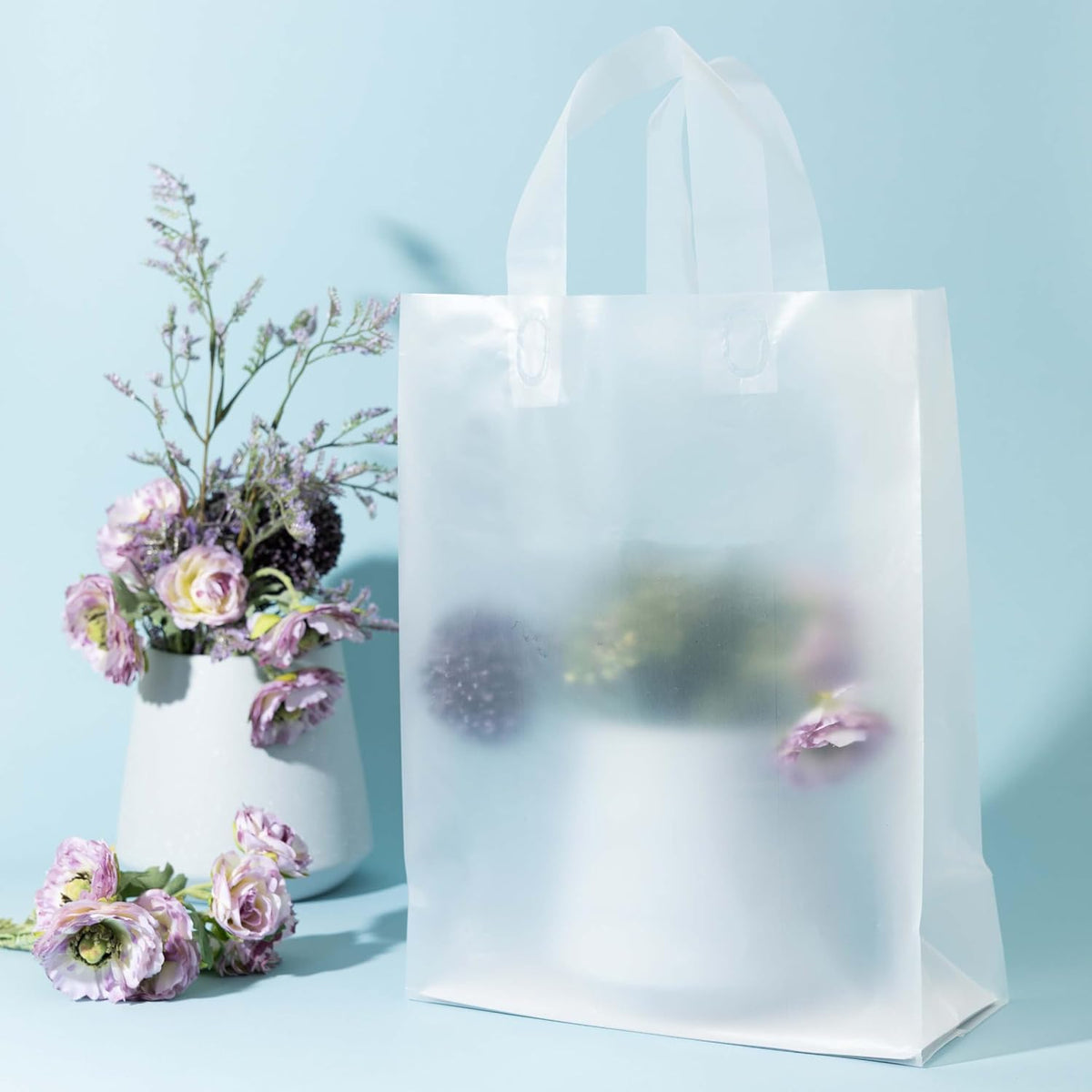 Frosted Shopping Bags with Handles and Cardboard Insert - 10" W x 13 H x 5" Side Gusset - Durable & Reusable
