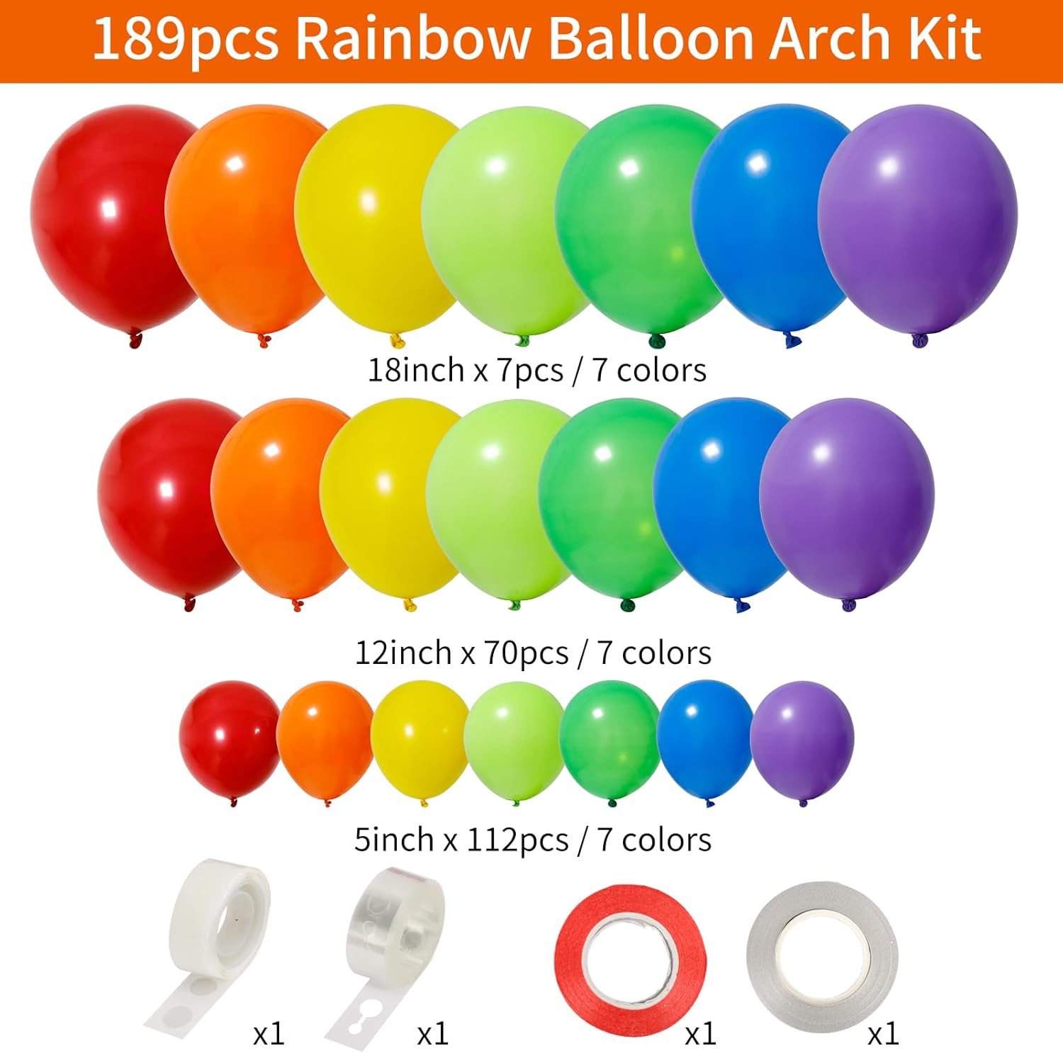 189pcs Rainbow Balloon Garland Arch Kit, 7 Assorted Colors 5/12/18 Inch Latex Balloons for Birthday Party Baby Shower
