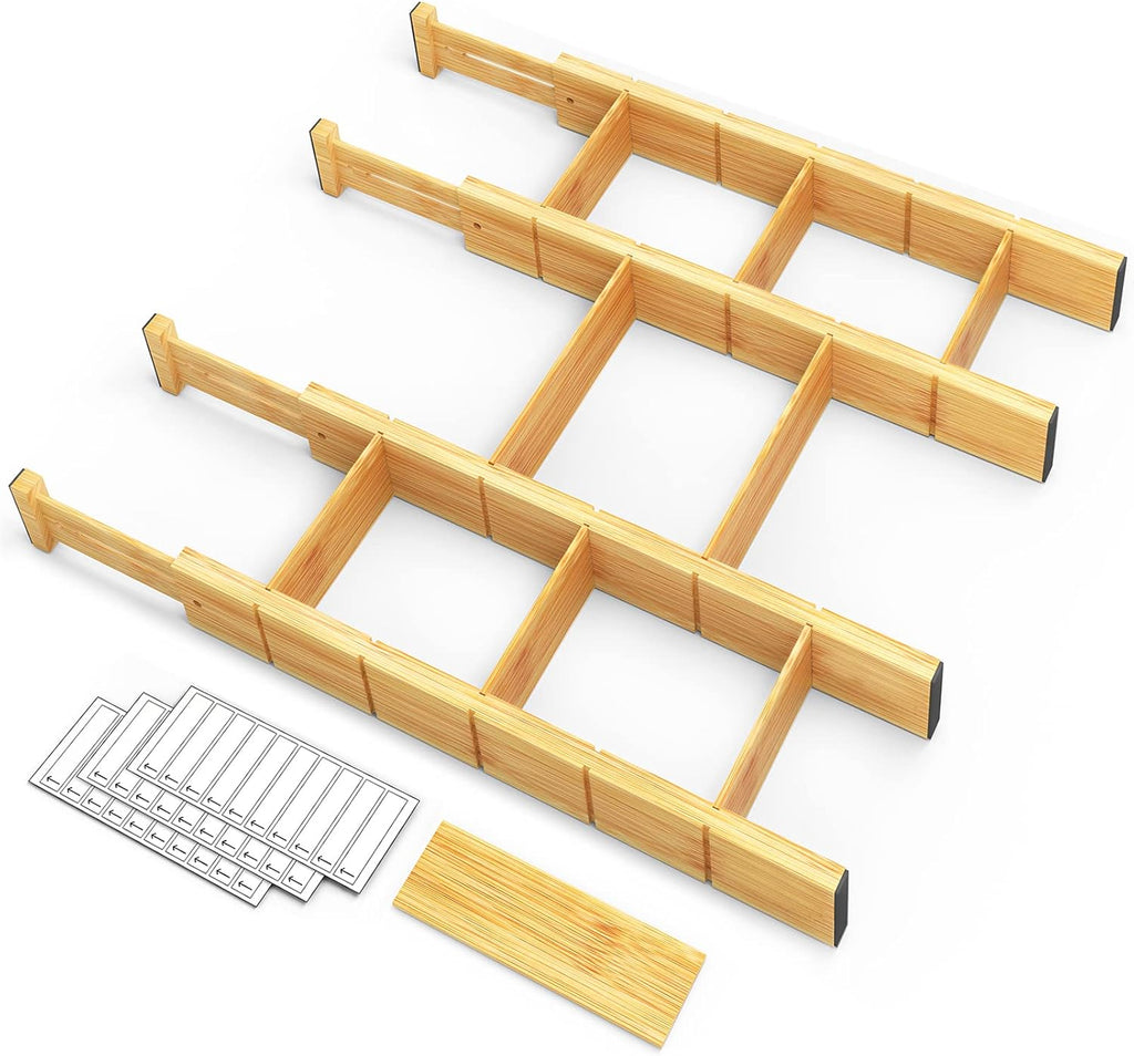 Bamboo Drawer Dividers with Inserts and Labels, Kitchen Adjustable Drawer Organizers, Expandable Organization for